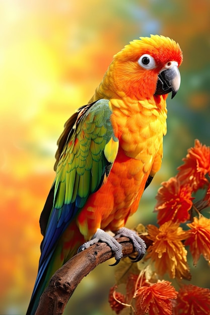 Beautiful colorful sun conure parrot bird sitting on a branch