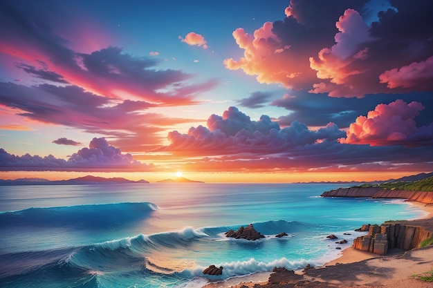 Beautiful colorful sunset above the azure sea with dramatic clouds panoramic view beauty world