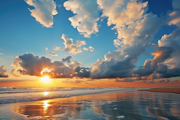 Beautiful colorful sunset over ocean or sea Blue sky sun and clouds over water surface