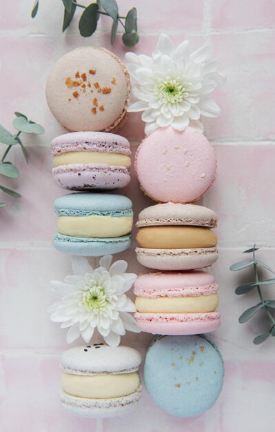 Beautiful colorful tasty macaroons and white flowers on a pink tile background