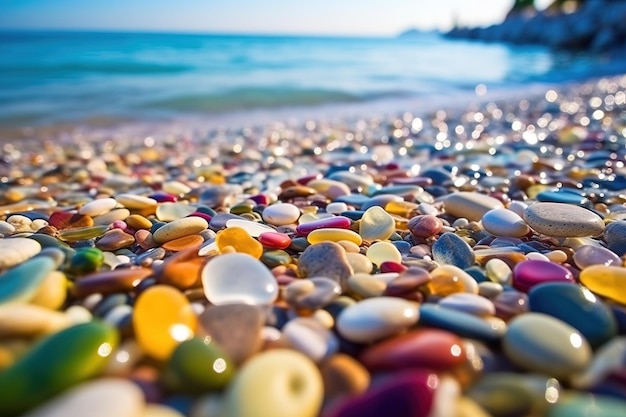 Красивые разноцветные прозрачные камешки на пляже, гладкие и отражающие кристаллы Генеративный AI