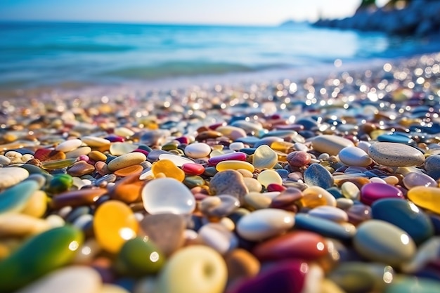 Beautiful colorful transparent pebbles on the beach smooth and reflective crystal generative ai