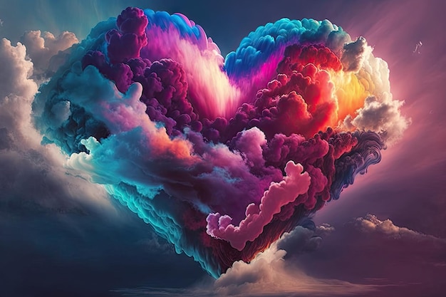 Beautiful colorful valentine day heart in the clouds as abstract background ai generative