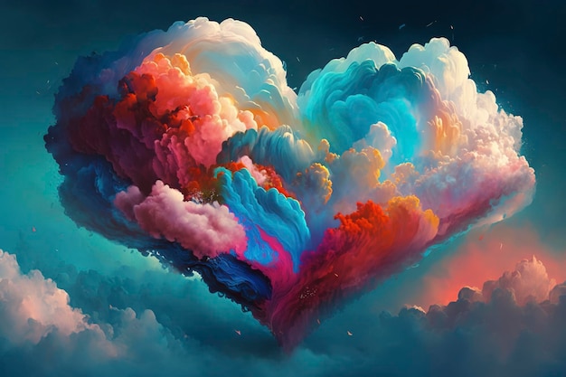 抽象的な背景として雲の中の美しくカラフルなバレンタイン デーのハートAI 技術によって生成された画像
