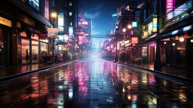 Красивый красочный вид на мокрые глянцевые улицы города после дождя