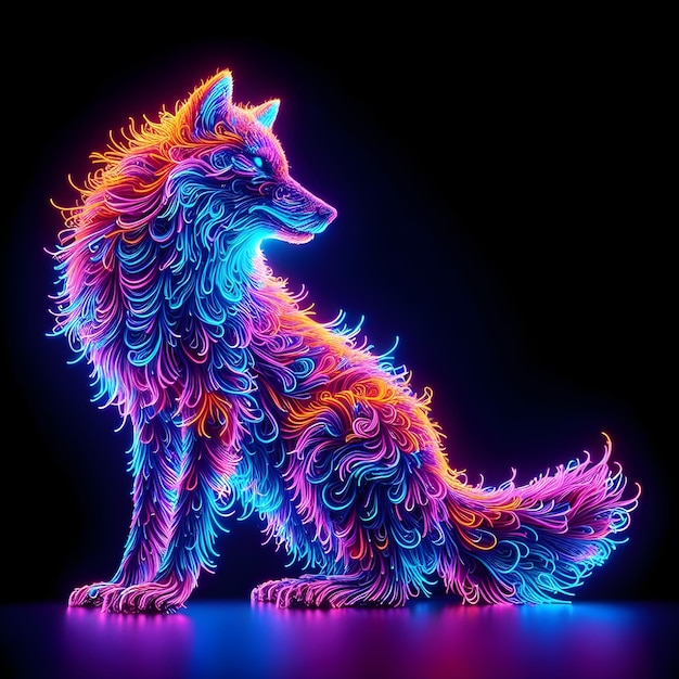 beautiful colorful wolf silhouette made of millions of ultra bright neon strings