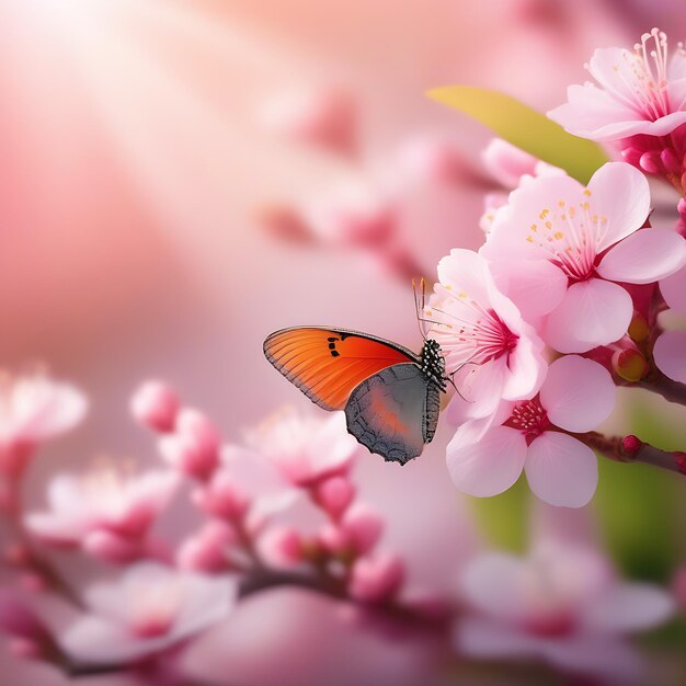 Photo a beautiful coloring butterfly in the spring season and sakura blossoms