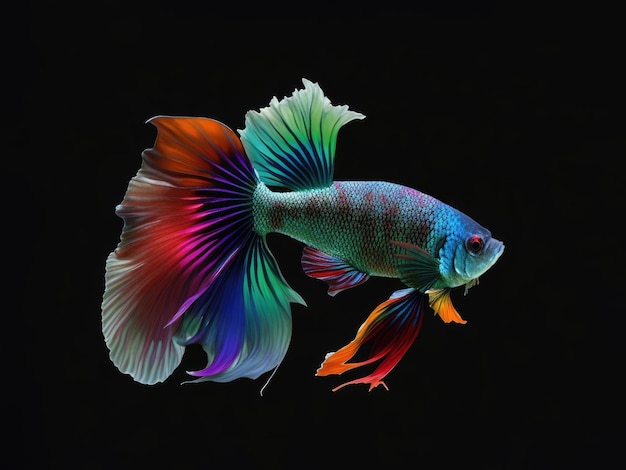 아름다운 색상 Betta Fish는 검은 배경에서 움직이는 순간을 포착합니다.