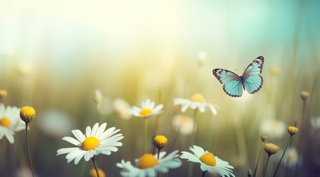 Beautiful and colourful butterfly fluttering over the delicate Bellamy flowers daisies on a Sunny summer day generate ai