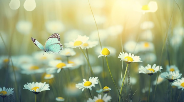 화창한 여름날 섬세한 벨라미 꽃 데이지 위에 펄럭이는 아름답고 화려한 나비는 AI를 생성합니다.