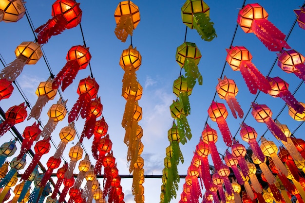 Beautiful colourful lanterns in Yee Peng Lantern Festival at Wat Phra That Hariphunchai in Lamphun, Thailand.