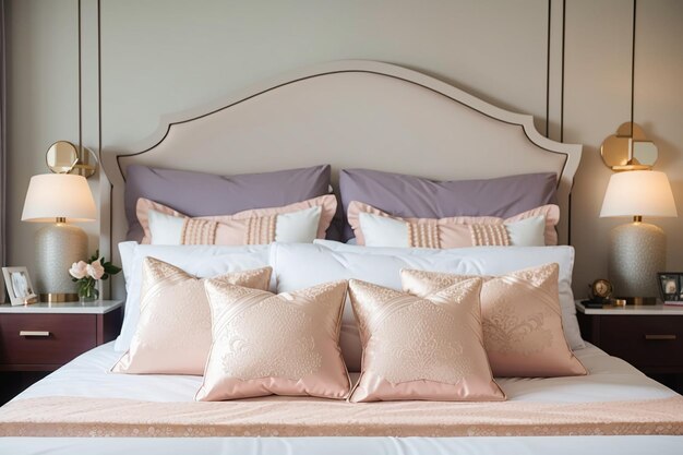 침실 의 침대 에 아름답고 편안 한 베개 장식
