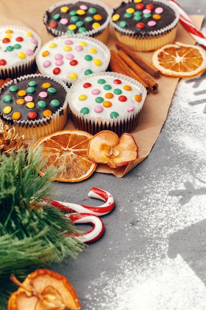 Beautiful composition of Christmas sweets with decorations