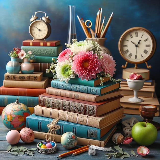 Beautiful composition of different colorful books with flower