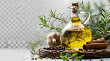 Photo a beautiful composition of a glass bottle of olive oil fresh rosemary garlic peppercorns and cinnamon sticks on a wooden table