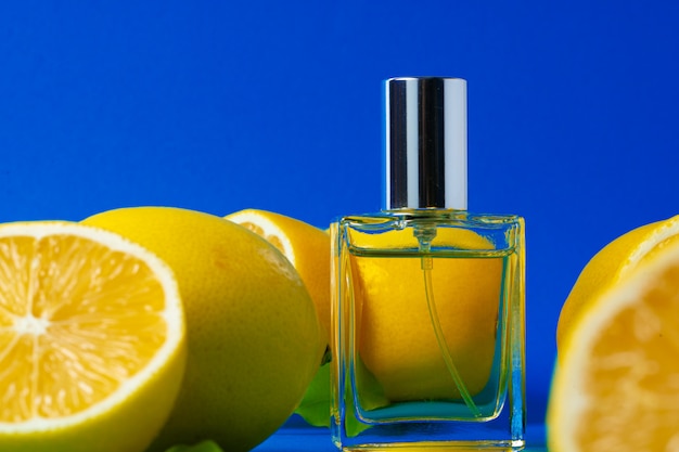 Beautiful composition with bottle of perfume and citrus fruits