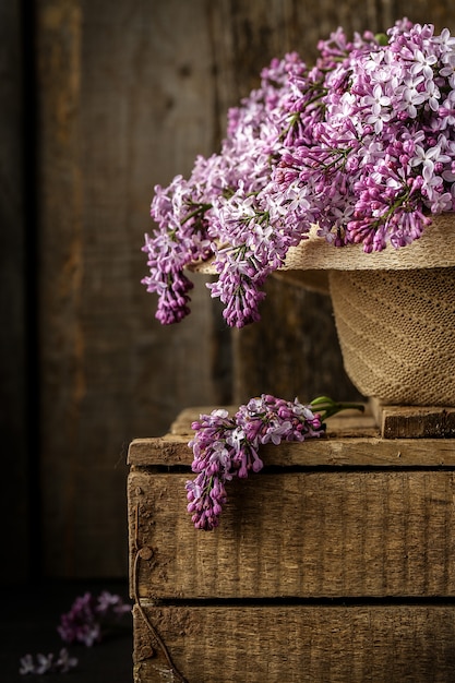 Beautiful composition with  bouquet of lilac in old hat