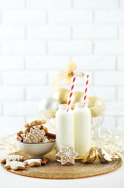 Beautiful composition with Christmas cookies and milk