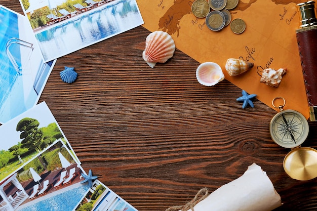 Beautiful composition with sea accessories on table close up