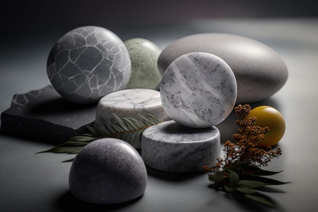 Beautiful composition with spa stones on grey marble table Illustration AI Generative