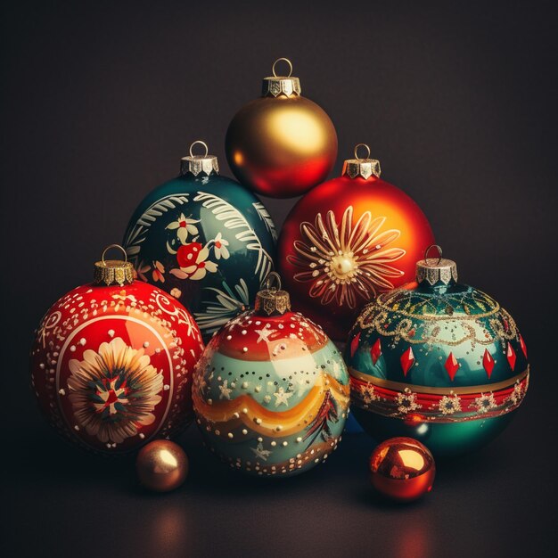 Beautiful composition xmas balls with ornament christmas decor on black background high quality