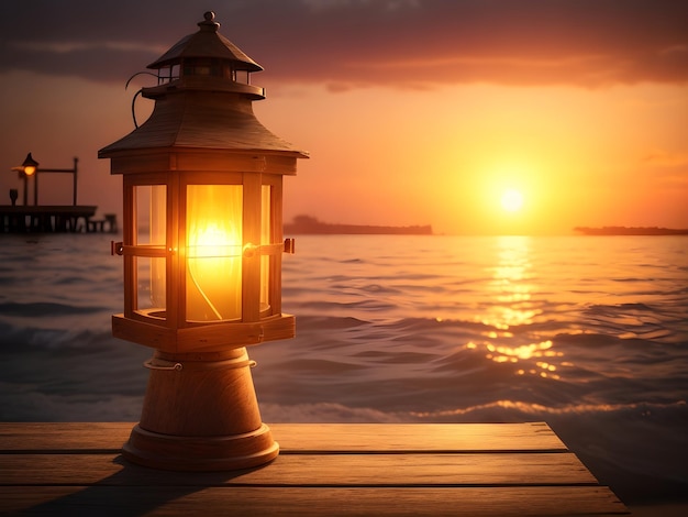 Beautiful concept background with vintage lantern on wooden pier at sunset