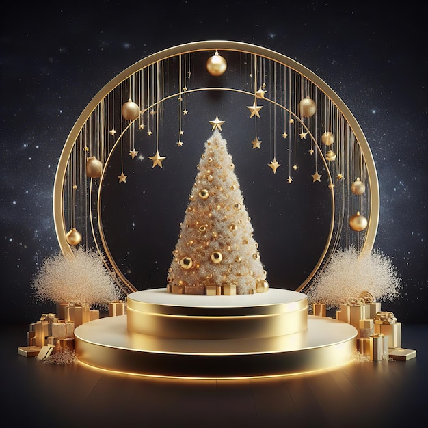 Foto bellissimo per un concetto di lancio di un prodotto podium albero di natale rendering 3d