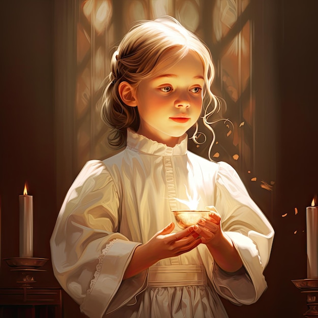 Beautiful conceptual First Communion sacrament blog editorial illustration children inside a church