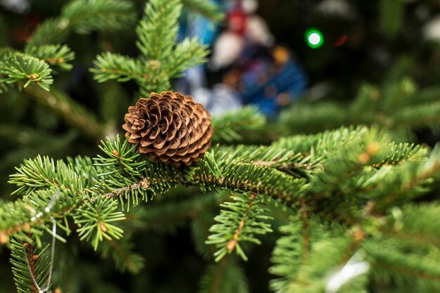 Beautiful cones on a Christmas tree blurred background colorful garland