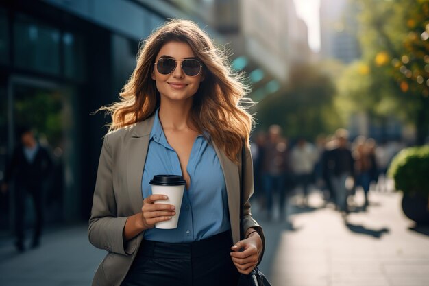 Photo a beautiful and confident business woman walks down the bustling city street her favorite coffee in hand ready to conquer the day