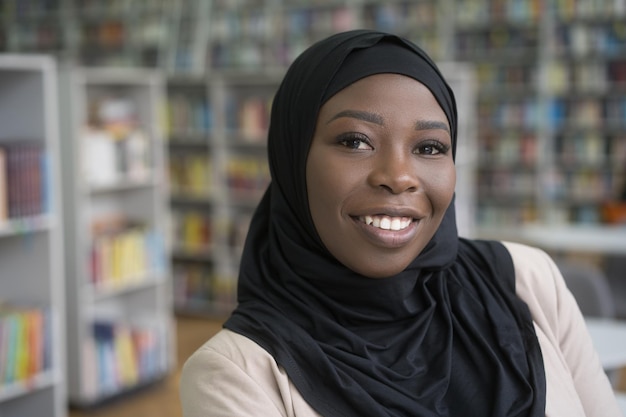 Photo beautiful confident muslim woman wearing black hijab looking at camera copy space