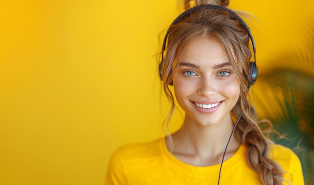 Beautiful consultant of call center in headphones on yellow background