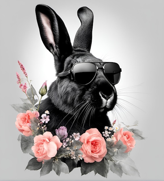 Красивый прохладный портрет черного кролика в солнцезащитных очках с цветами