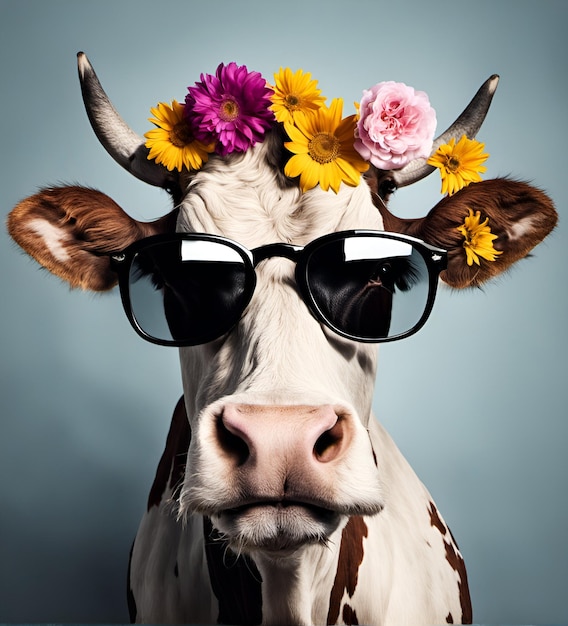 Beautiful cool cow portrait in sunglasses with flowers on head