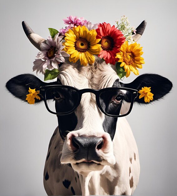 Photo beautiful cool cow portrait in sunglasses with flowers on head