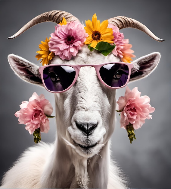 頭に花を飾ったサングラスを着た美しい涼しいヤギの肖像画
