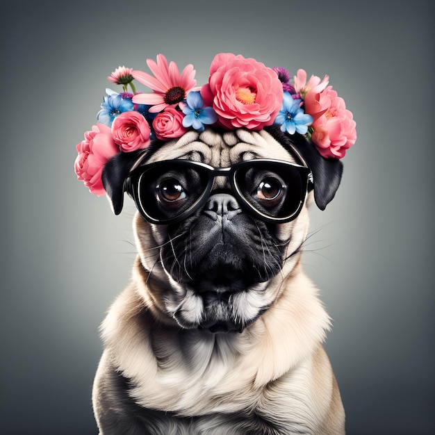 Beautiful cool pug dog portrait in sunglasses with flowers on head