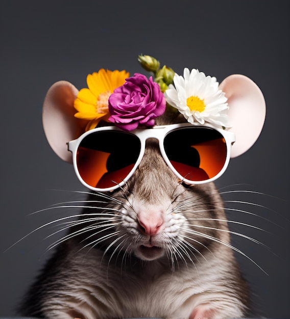 Красивый крутой портрет крысы в солнцезащитных очках с цветами на голове