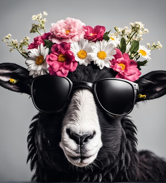 頭に花を持つサングラスをかけた美しいクールな羊のポートレート