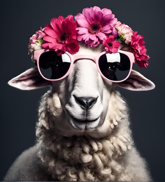 頭に花を飾ったサングラスを着た美しい涼しい羊の肖像画