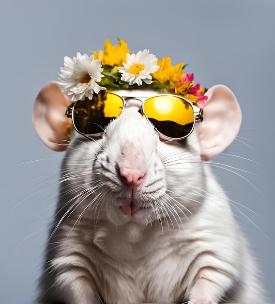 頭に花を持つサングラスをかけた美しいクールな白いネズミの肖像画