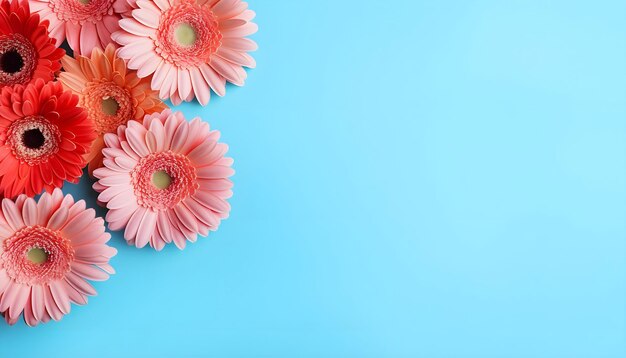 Photo beautiful coral gerbera flowers on blue background top view floral minimalist composition