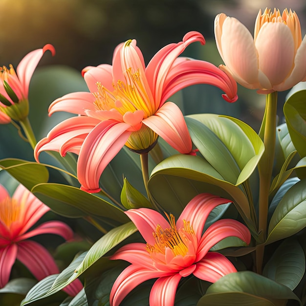 Beautiful coral pink lily flowers with green leaves of Lilium true lilies the herbaceous flowering