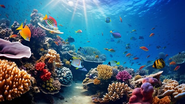 Beautiful coral reef with colorful tropical fish in
