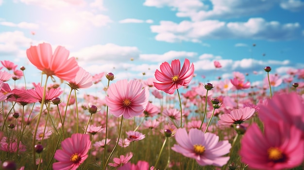 beautiful cosmos flower field with blue sky