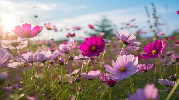 太陽の光と美しいコスモスの花畑