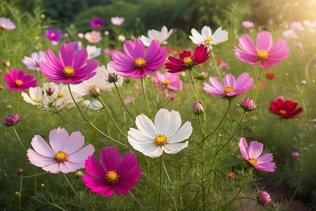 写真 beautiful cosmos flowers in garden