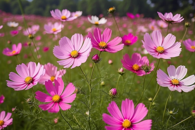 자연에서 아름다운 우주 꽃 달한 배경 흐릿한 꽃 배경 밝은 분홍색과 진한 분홍색 우주