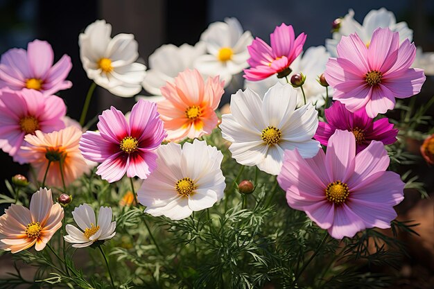 写真 美しい宇宙 草原の花の畑 空の背景の色鮮やかな野生の花や夏の自然 春の花の芸術