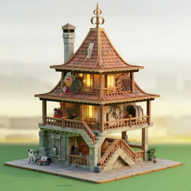 beautiful cottage in the garden at sunset 3d rendering
